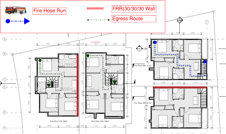 Fire safety plan — escape routes and fire separation at Bradbury Road Development