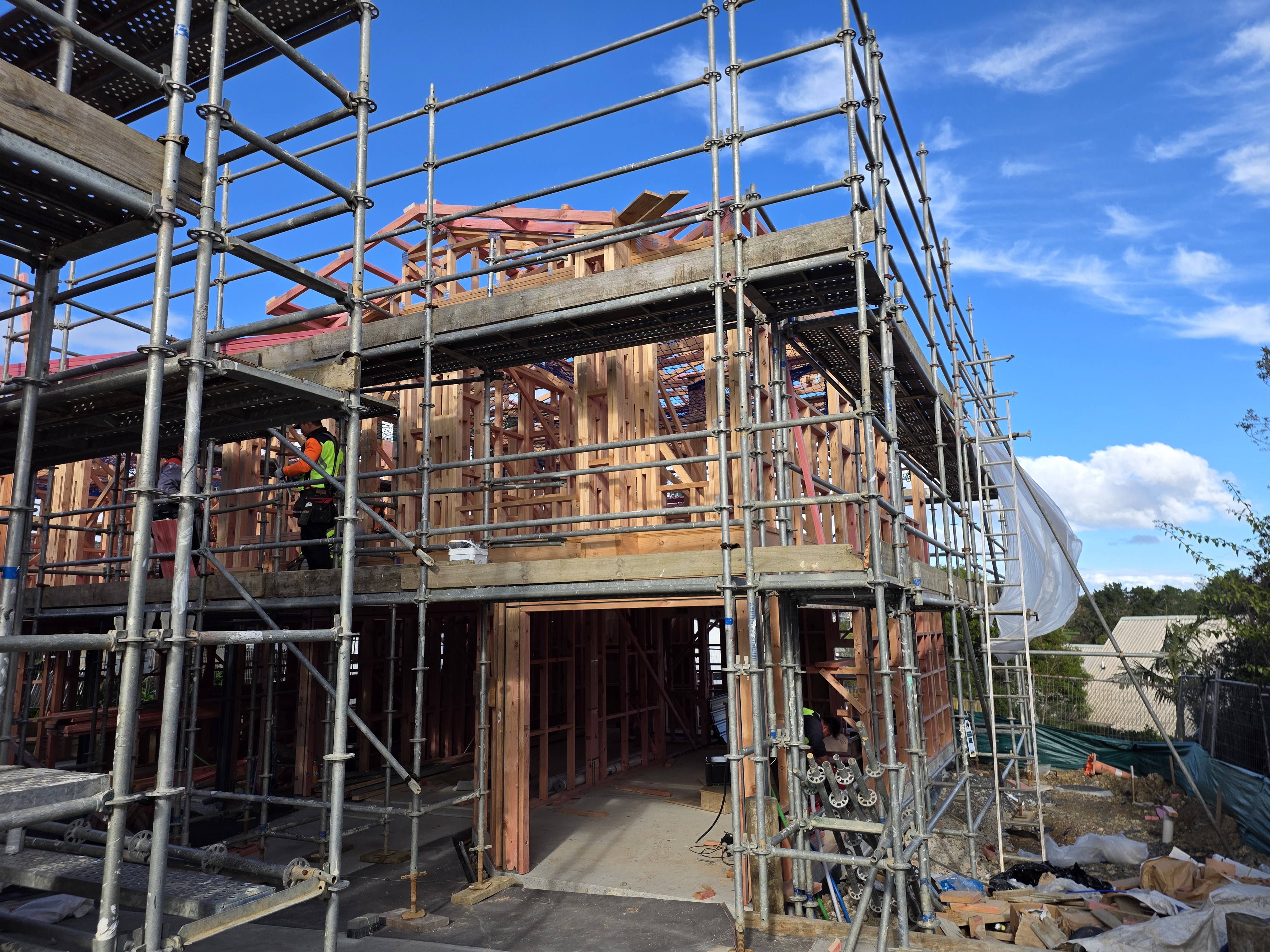 Two-storey timber framing under construction at Bradbury Road Development