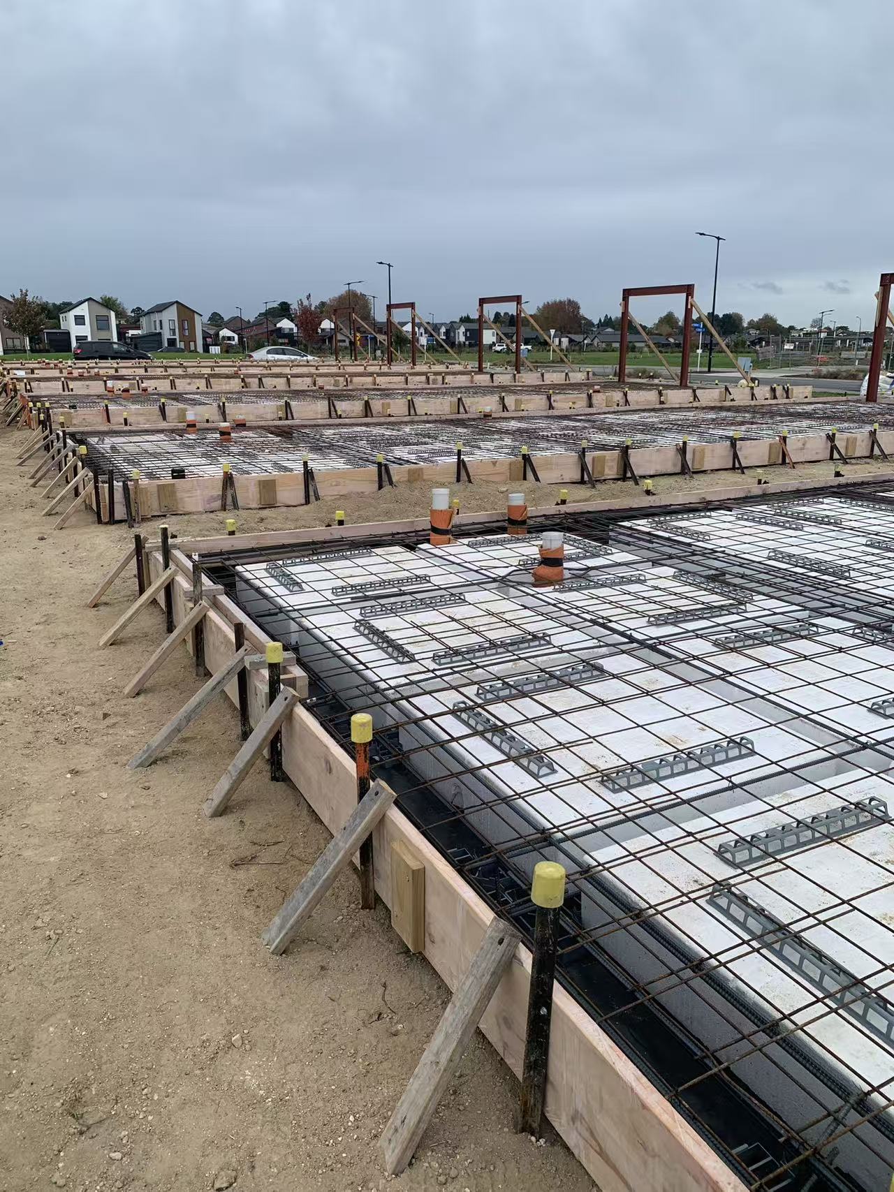 Foundation formwork and reinforcing steel before concrete placement