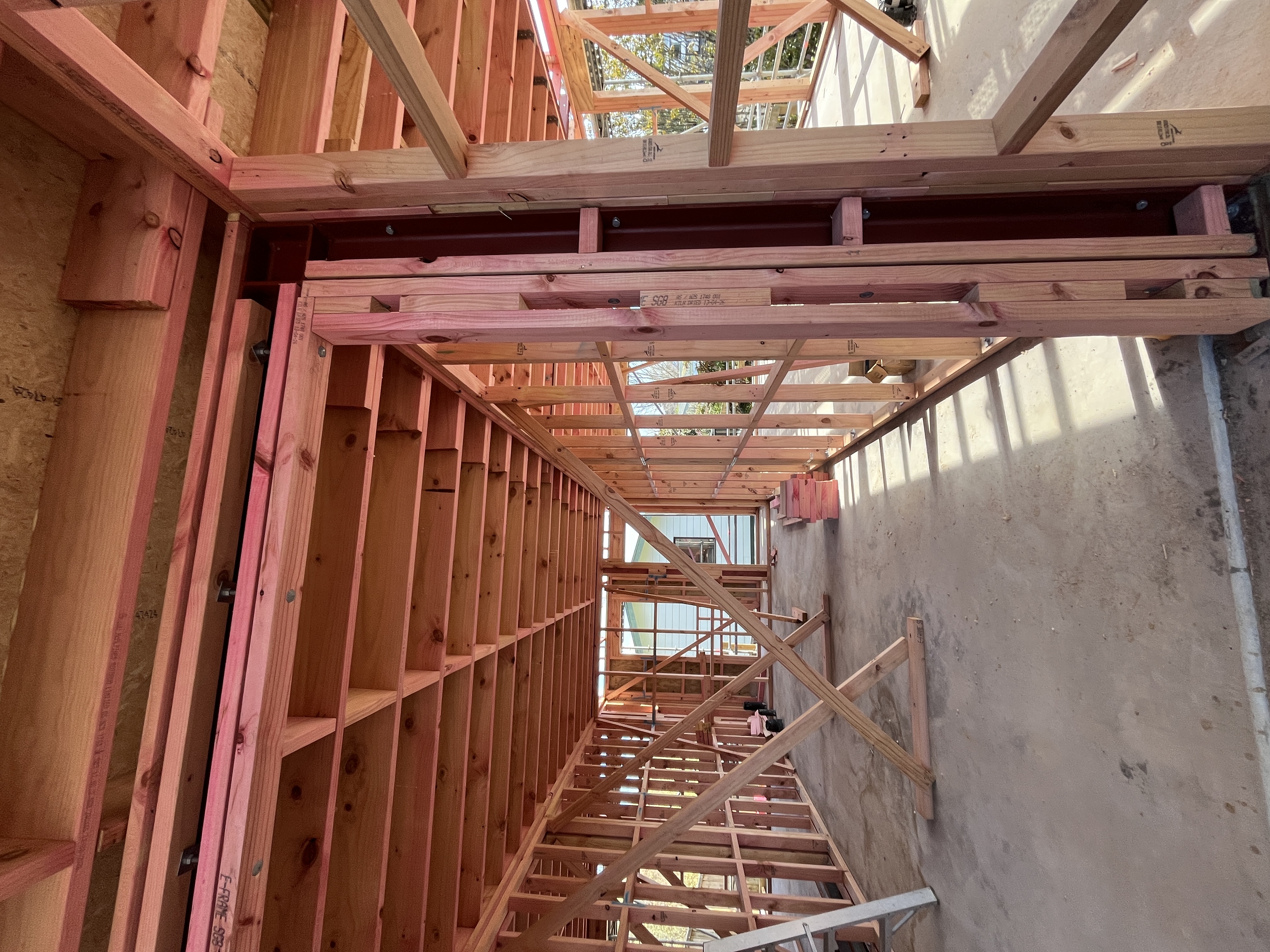 Interior timber framing and steel connections at Storey Ave