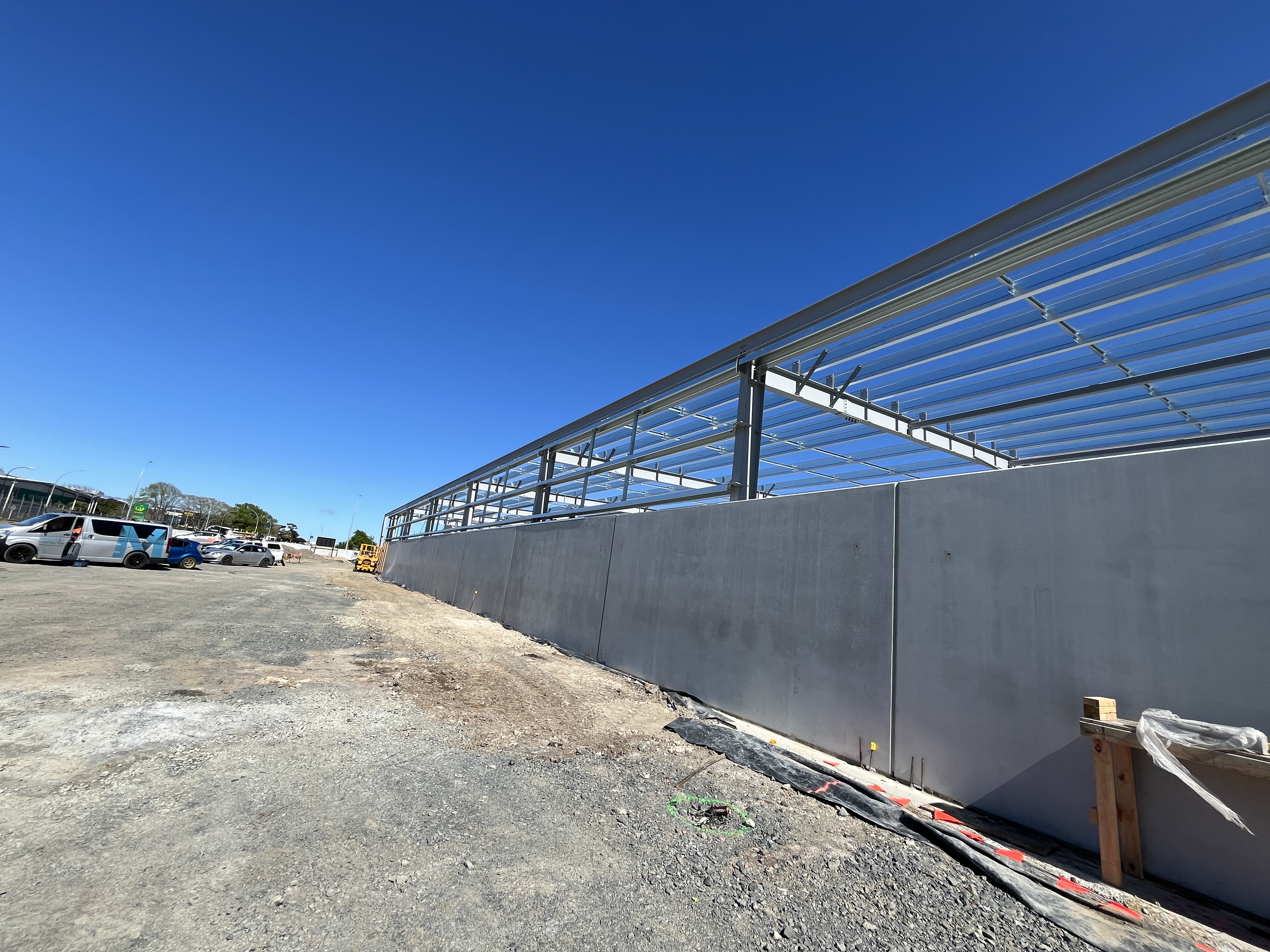 Exterior wall panels and steel framing at Welmart Supermarket